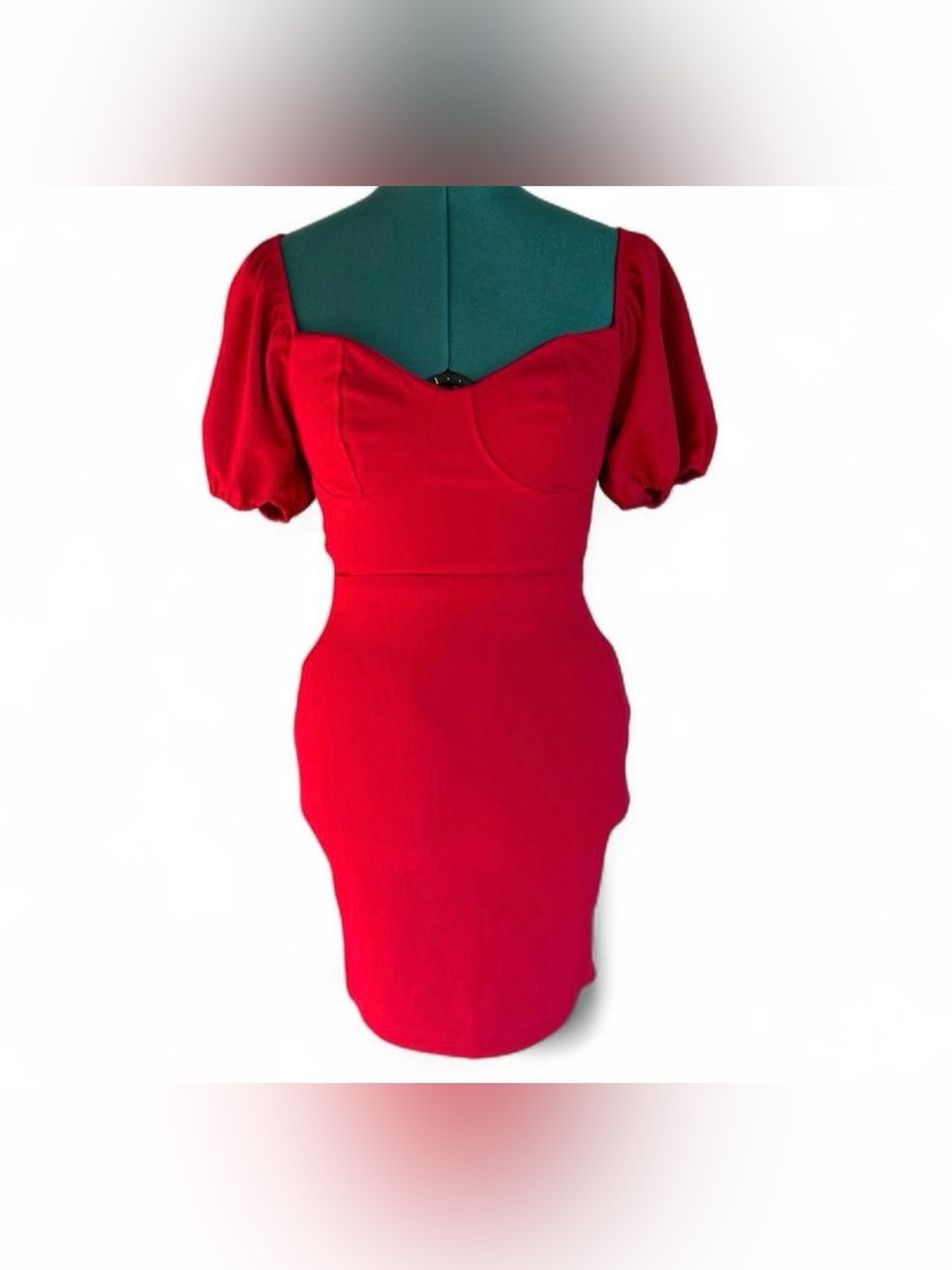 Love Squared Red Puff-Sleeve Sweetheart Bodycon Mini